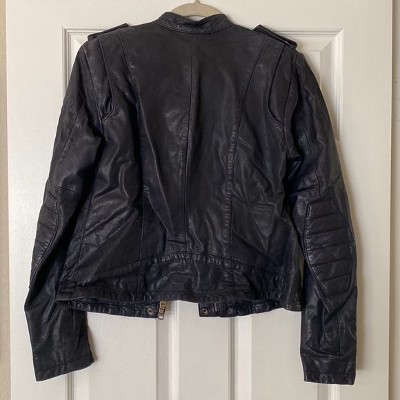 Superdry Women’s Large Navy Leather Jacket with zipper closure and button snaps - Picture 7 of 7